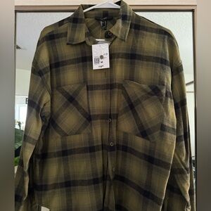 Green and black plaid button up shirt